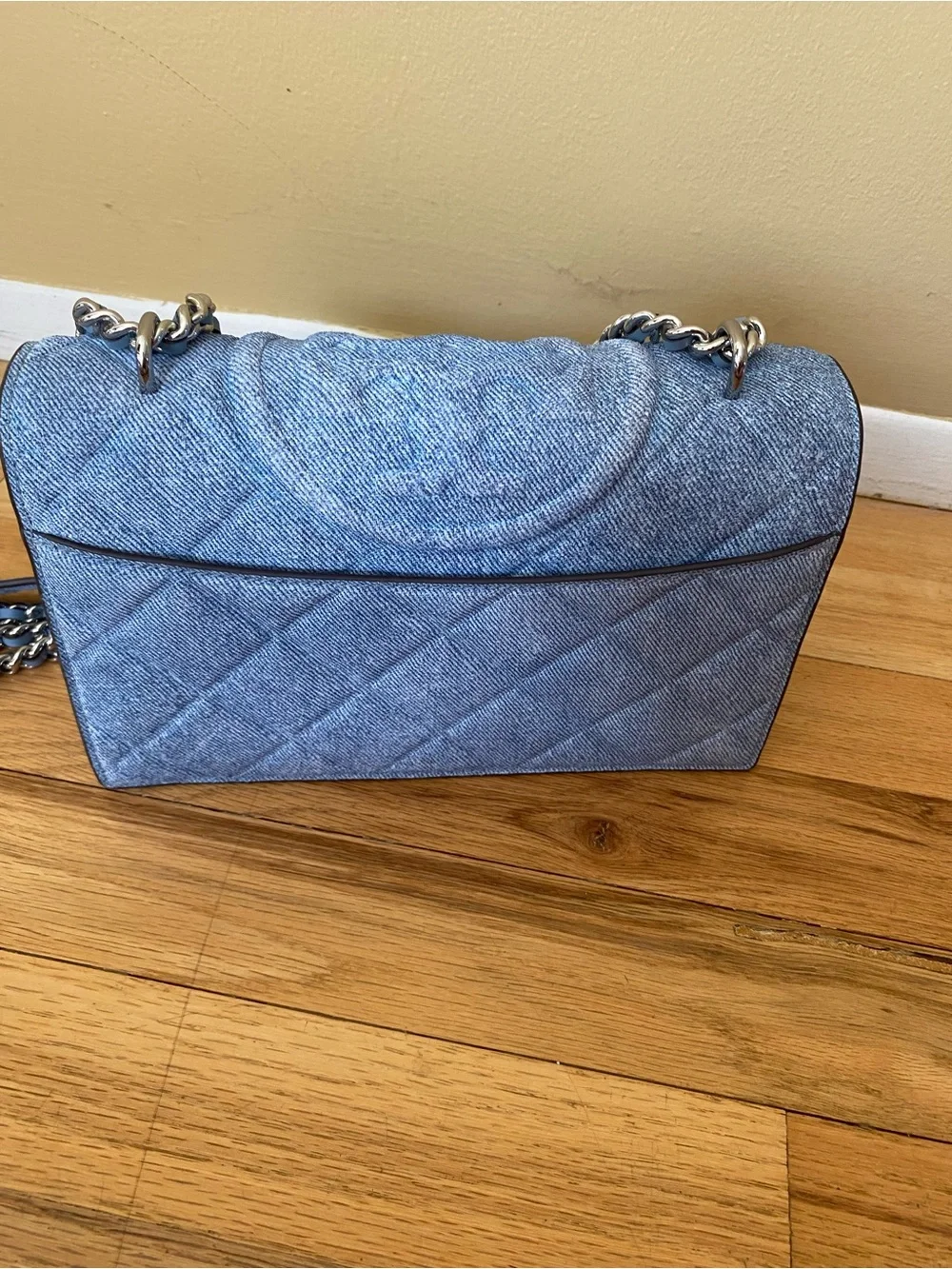 Tory Burch small Fleming shoulder bag. Quilted suede denim. Silver strap